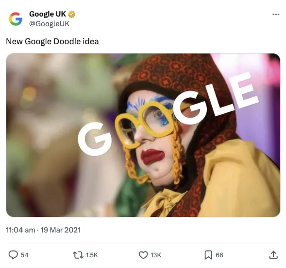 A viral tweet by Google UK about Ginny Lemon from Ru Paul's Drag Race